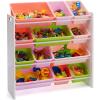 imageAmazon Basics Kids Toy Storage Organizer With 12 Plastic Bins Natural Wood With Bright Bins 109quot D x 336quot W x 311quot HWhite Wood With Pink Bins