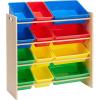 imageAmazon Basics Kids Toy Storage Organizer With 12 Plastic Bins Natural Wood With Bright Bins 109quot D x 336quot W x 311quot HNatural Wood With Bright Bins