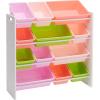 imageAmazon Basics Kids Toy Storage Organizer With 12 Plastic Bins Natural Wood With Bright Bins 109quot D x 336quot W x 311quot HWhite Wood With Pink Bins