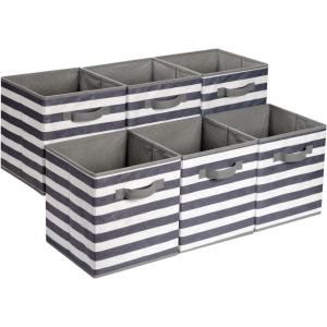 imageAmazon Basics Cube Organizer Storage Bins Handles Collapsible Fabric Pack of 6 105quotx105quotx11quot NavyWhite Light Grey Stripe