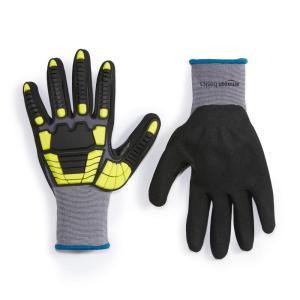 imageAmazon Basics Cut Level A1 Abrasion ANSI Level A4 Impact Protection Gloves with Touch Screen Friendly 15G Sandy Nitrile Palm Pack of 120 Pairs Yellow Size XXSmallXLarge