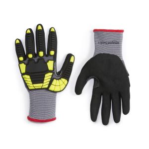 imageAmazon Basics Cut Level A1 Abrasion ANSI Level A4 Impact Protection Gloves with Touch Screen Friendly 15G Sandy Nitrile Palm Pack of 120 Pairs Yellow Size XXSmallSmall