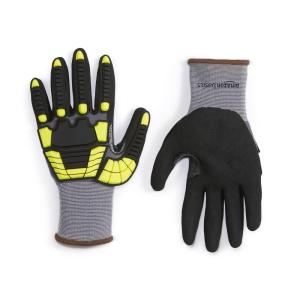 imageAmazon Basics Cut Level A1 Abrasion ANSI Level A4 Impact Protection Gloves with Touch Screen Friendly 15G Sandy Nitrile Palm Pack of 120 Pairs Yellow Size XXSmallLarge