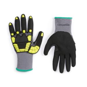imageAmazon Basics Cut Level A1 Abrasion ANSI Level A4 Impact Protection Gloves with Touch Screen Friendly 15G Sandy Nitrile Palm Pack of 120 Pairs Yellow Size XXSmallMedium
