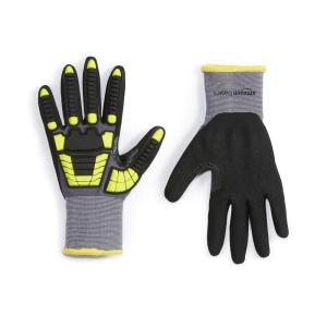 imageAmazon Basics Cut Level A1 Abrasion ANSI Level A4 Impact Protection Gloves with Touch Screen Friendly 15G Sandy Nitrile Palm Pack of 120 Pairs Yellow Size XXSmallXSmall