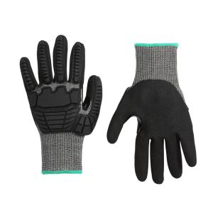 imageAmazon Basics Cut Level A2 Abrasion ANSI Level A4 Impact Protection Gloves with Touch Screen Friendly 15G Sandy Nitrile Palm Pack of 100 Pairs Black Size XXSmallLarge