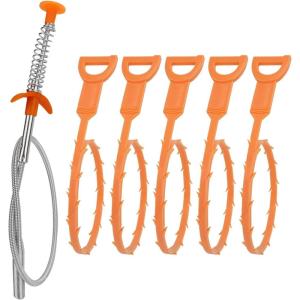 imageAmazon Basics Drain Clog Remover Tool Includes 5 Plastic and 1 Stainless Drain Snakes Effectively Clean Hair and Other Clog for Toilet Kitchen Sink Bathroom Tub 6 Pack