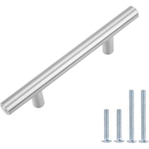 imageAmazon Basics Euro Bar Cabinet Handle 12inch Diameter 538 in Length 3 in Hole Center Flat Black Pack of 10 AB1500FB10Satin Nickel