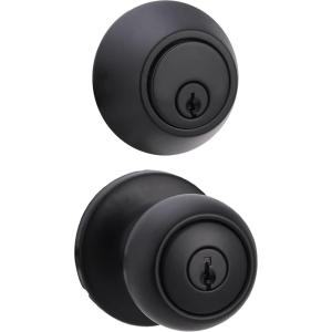 imageAmazon Basics Exterior Door Knob With Key Lock and Deadbolt Coastal Matte Black