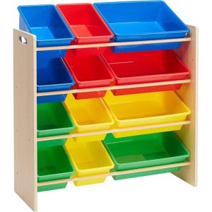 imageAmazon Basics Kids Toy Storage Organizer With 12 Plastic Bins Natural Wood With Bright Bins 109quot D x 336quot W x 311quot HNatural Wood With Bright Bins