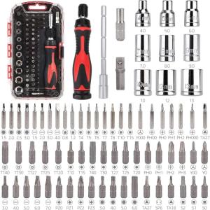 imageAmazon Basics Magnetic Ratcheting Wrench and Electronics Precision Screwdriver Set 73 count Pack of 1 BlackRedSilver73Piece