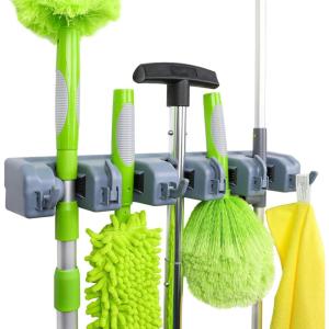 imageAmazon Basics Rectangular Heavy Duty Wall Mount Storage Broom Mop Holder or Tool Organizer with Hooks and Slots for Home Garage Garden Laundry or Kitchen 236 x 169 x 335 in Gray
