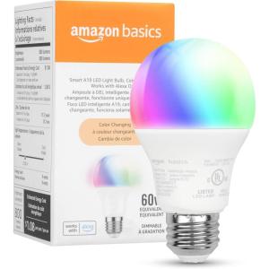 imageAmazon Basics Smart A19 LED Light Bulb Color Changing 9W 60W Equivalent 800LM Works with Alexa Only 24 GHz WiFi No Hub Required 1 PackColor Changing
