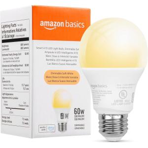 imageAmazon Basics Smart A19 LED Light Bulb Color Changing 9W 60W Equivalent 800LM Works with Alexa Only 24 GHz WiFi No Hub Required 1 PackDimmable Soft White
