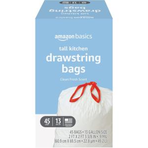 imageAmazon Basics Tall Kitchen Drawstring Trash Bags Clean Fresh Scent 13 Gallon 45 Count Previously SolimoClean Fresh