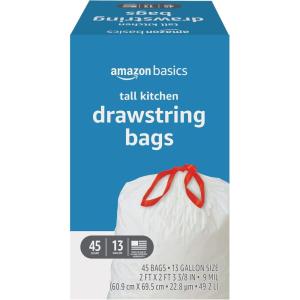 imageAmazon Basics Tall Kitchen Drawstring Trash Bags Clean Fresh Scent 13 Gallon 45 Count Previously SolimoUnscented
