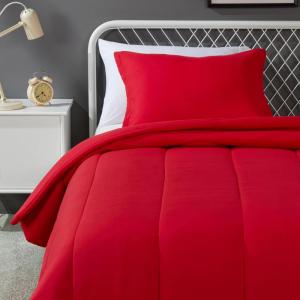 imageAmazon Basics 2 Piece Microfiber Kids Comforter and Pillow Sham Set All Seasons Twin Red SolidTwin