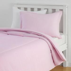 imageAmazon Basics 3 Piece Microfiber Kids Comforter and Pillow Sham Set FullQueen Red SolidLight Pink
