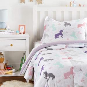 imageAmazon Basics 3 Piece Microfiber Kids Comforter and Pillow Sham Set FullQueen Red SolidPurple Unicorns