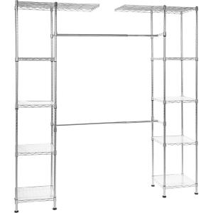 imageAmazon Basics Expandable Adjustable Metal Hanging Storage Organizer Rack Wardrobe with Shelves 5780 x 14 x 72 inches LxWxH Chrome