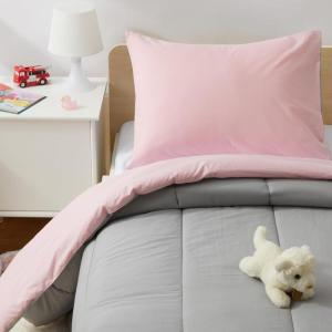 imageAmazon Basics Kids 3 Piece Cotton Reversible Comforter Set with Sham USTCP Certified Cotton FullQueen Unicorns and RainbowsCandy Pink and Grey
