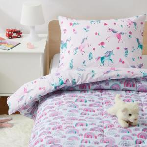 imageAmazon Basics Kids 3 Piece Cotton Reversible Comforter Set with Sham USTCP Certified Cotton FullQueen Unicorns and RainbowsUnicorns and Rainbows