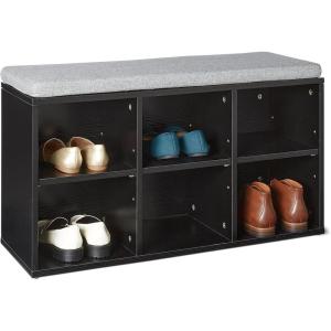 imageAmazon Basics Shoe Storage Bench with Cushion Shoe Rack 6 Cubbies Adjustable Shelves Oak FinishBlack