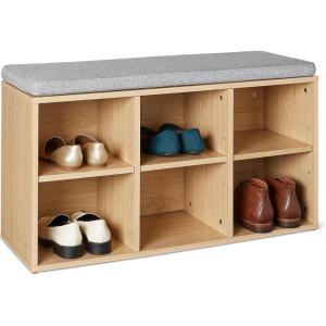 imageAmazon Basics Shoe Storage Bench with Cushion Shoe Rack 6 Cubbies Adjustable Shelves Oak FinishOak