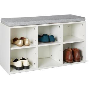 imageAmazon Basics Shoe Storage Bench with Cushion Shoe Rack 6 Cubbies Adjustable Shelves Oak FinishWhite