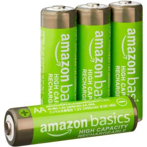 imageAmazon Basics 4Pack Rechargeable AA NiMH HighCapacity Batteries 2400 mAh 12V Recharge up to 400x Times PreCharged