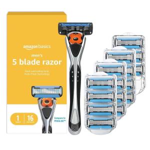 imageAmazon Basics 5Blade MotionSphere Mens Razor with Dual Lubrication and Precision Trimmer 17 Piece Set 1 Handle ampamp 16 Cartridges Black1 Count Pack of 1