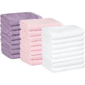 imageAmazon Basics Fast Drying Cotton Washcloths for Bathroom Machine Washable Soft and Absorbent 12 x 12 in White 60 PackPetal Pink  Lavender  White