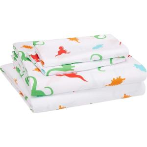imageAmazon Basics Kids Soft EasyWash Lightweight Microfiber 4Piece Sheet Set Queen Unicorn and RainbowDinosaurs
