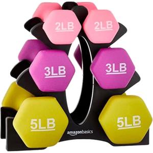 imageAmazon Basics Neoprene Dumbbell Hand Weights for Exercise and Muscle ToningRack with 3 Pairs 2  3  and 5 Pound