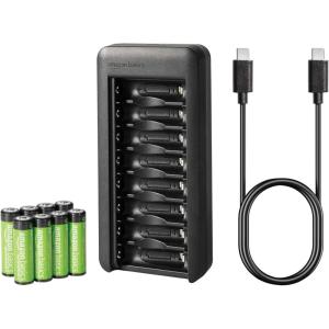 imageAmazon Basics NiMh Rechargeable Batteries 4 AA ampamp 4 AAA with 4 Bay Battery Charger Type A American Plug Black 8 Count8 count Pack of 1
