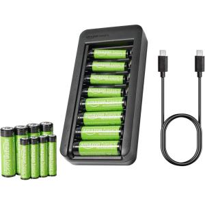 imageAmazon Basics NiMh Rechargeable Batteries 4 AA ampamp 4 AAA with 4 Bay Battery Charger Type A American Plug Black 8 CountPack of 16