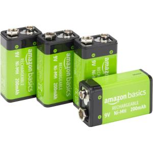 imageAmazon Basics Rechargeable 9 Volt Batteries 4Pack NiMH 200 mAh Long Lasting Power Recharge up to 1000x Times  PreCharged9 Volt