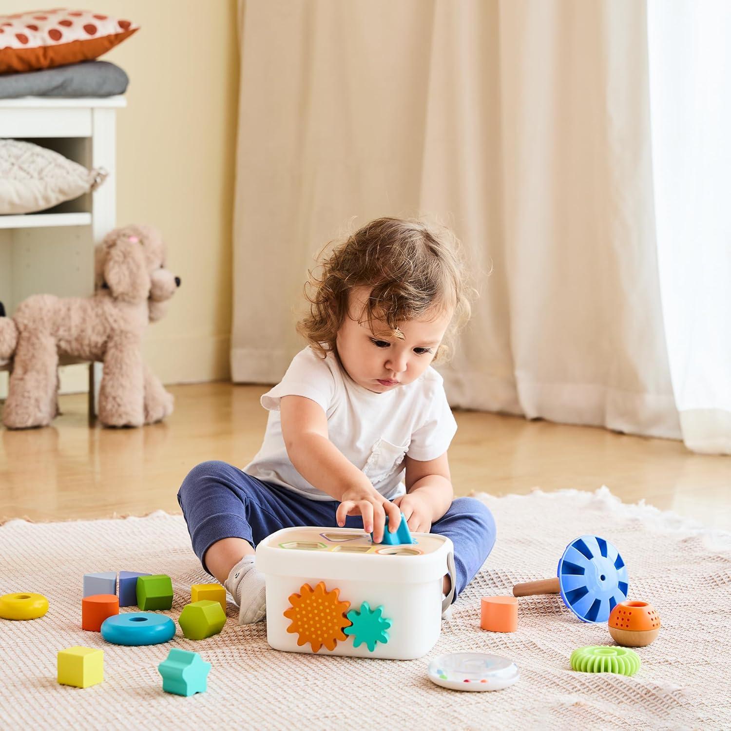 imageAmazon Basics Wooden Shape Sorter and Rainbow Stacker Classic Baby Toy SetSorting Play For Infants Age 12M Medium Multicolor