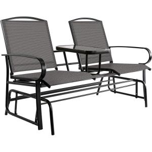 imageAmazon Basics 2Person Outdoor Patio Textilene Glider Chair with Tempered Glass Table 303quotD x 565quotW x 362quotH BlackBlack