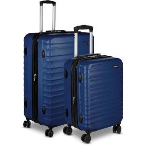 imageAmazon Basics 3Piece Set 21quot 26quot 30quot Hardshell Suitcases With Wheels Expandable For Up to 25 More Space With ScratchResistant Surface Four Multidirectional Wheels Light BlueNavy Blue