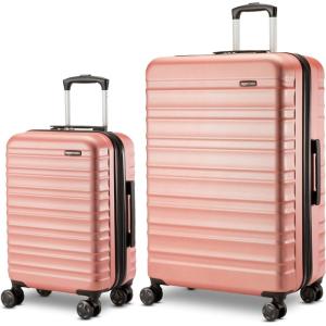 imageAmazon Basics 3Piece Set 21quot 26quot 30quot Hardshell Suitcases With Wheels Expandable For Up to 25 More Space With ScratchResistant Surface Four Multidirectional Wheels Light BlueRose Gold