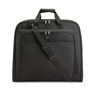 imageAmazon Basics 43quot Premium Garment Bag for Travel Suit Bag with Shoulder Strap for Suits and Dresses 1680D Polyester Fabric ExteriorInterior Pockets Leatherreinforced Corners Trifold BlackBlack