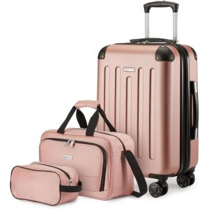 imageAmazon Basics 4Piece Luggage Set Including Two Hardside Suitcases With Multidirectional Spinner Wheels 22quot CarryOn and 28quot Checked 15quot Tote Bag and 10quot Compact Travel Bag Rose GoldRose Gold