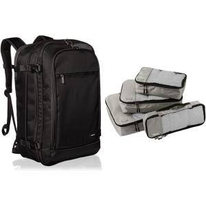 imageAmazon Basics CarryOn Travel Backpack  Black ampamp 4 Piece Packing Travel Organizer Cubes Set Grey