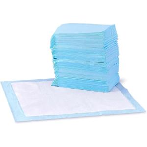 imageAmazon Basics Dog and Puppy Pee Pads with 5Layer LeakProof Design and QuickDry Surface for Potty Training Standard Absorbency XLarge 28 x 34 Inch  Pack of 60 Blue ampamp WhiteRegular 150 Count