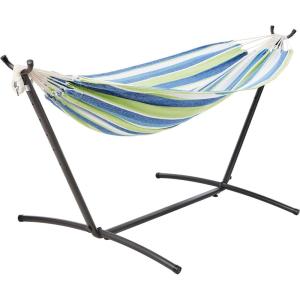 imageAmazon Basics Double Hammock with 9Foot Space Saving Steel Stand and Carrying Case 450 lb Capacity Vigor Green 110x47x43 inchesOasis Stripe