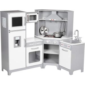 imageAmazon Basics Kids Upright Wooden Kitchen Toy Playset with Stove Oven Sink Fridge and Accessories for Toddlers Preschoolers Children Age 3 Years EspressoGray 39x118x39White  Gray