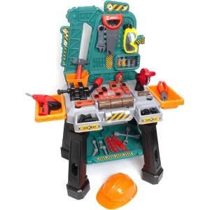 imageAmazon Basics Kids Workbench Construction Toy Tool Set Playset with 80 Pieces Including Tools Accessories Play Helmet ampamp Play Safety Goggles for Kids Ages 3 and Up Multicolor Medium