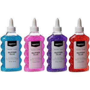 imageAmazon Basics Liquid Washable Glitter Glue Assorted Colors Purple Pink Red Blue 177ml 6 oz Each 4CountPurple Pink Red Blue