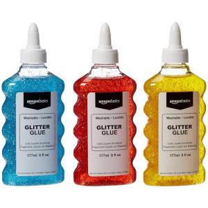 imageAmazon Basics Liquid Washable Glitter Glue Assorted Colors Purple Pink Red Blue 177ml 6 oz Each 4CountRed Yellow Blue